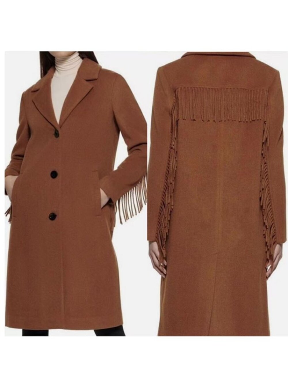 Kenneth Cole Brown Wool-Blend Coat with Fringe S